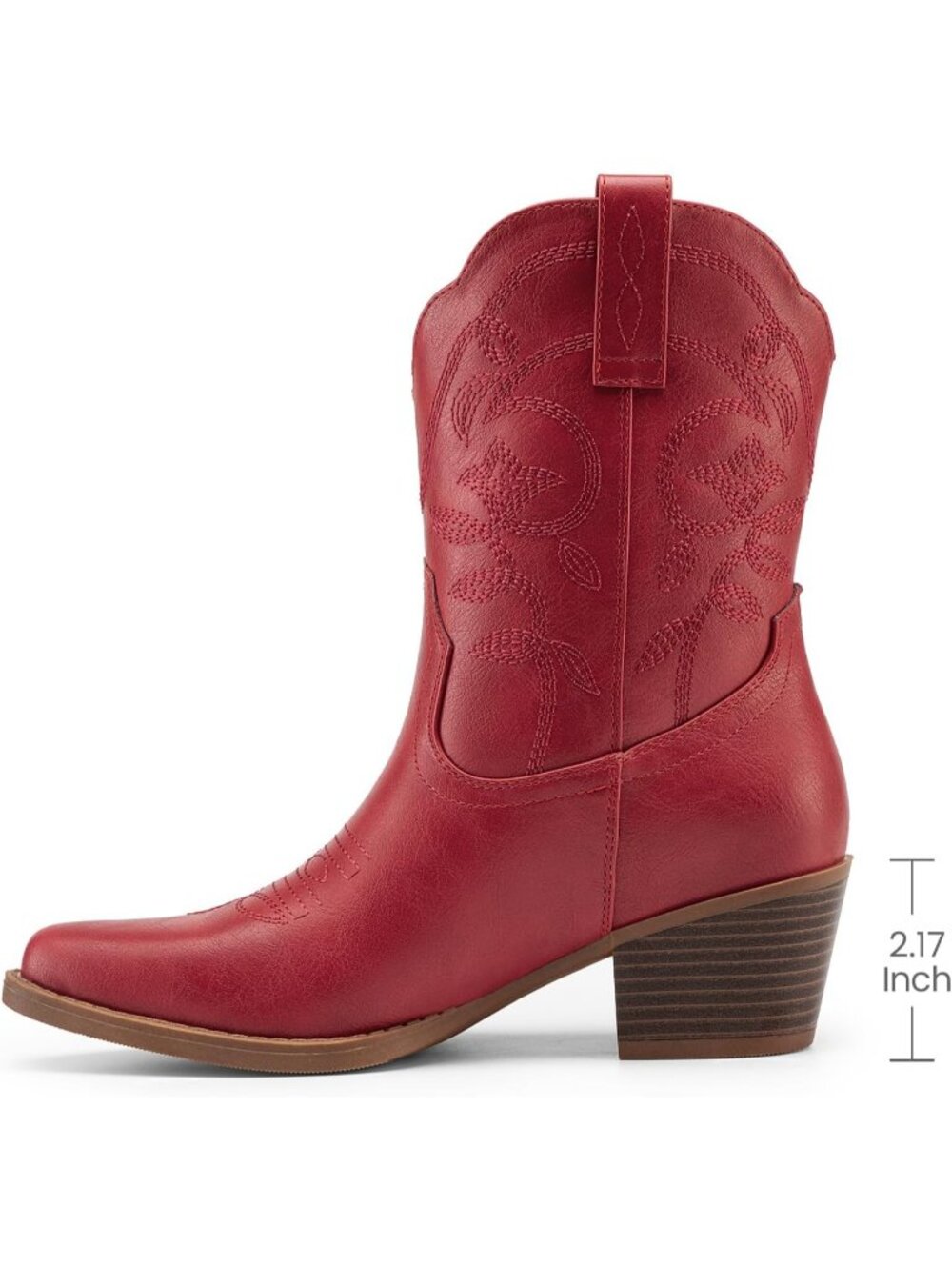 Women's Red Ankle Boots Square Toe Low Chunky Heel Embroidery Western Booties - Picture 4 of 6